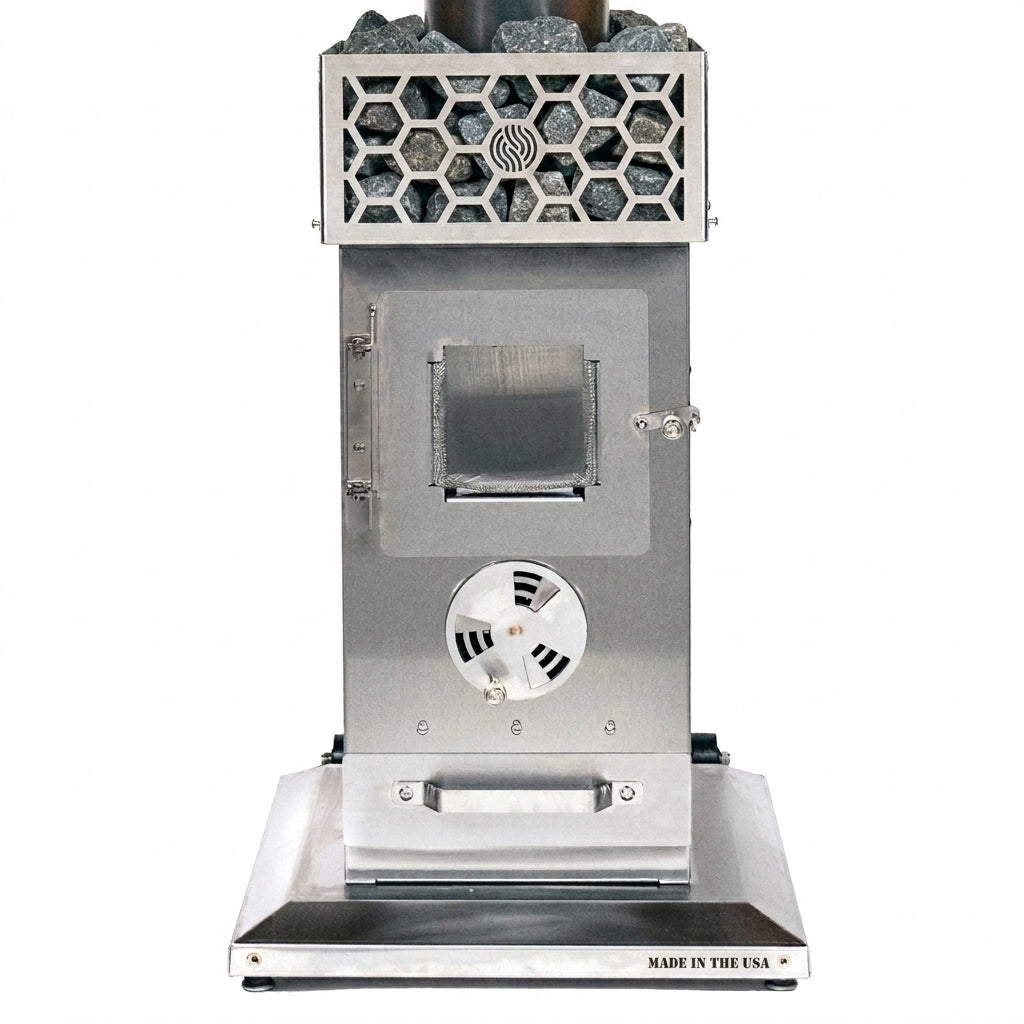 stainless steel pellet sauna stove with honeycomb design on top, featuring a brand logo, on a white background.